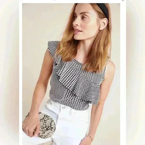 Anthropologie Dolan Callan Ruffled Tank Sleeveless Black White small houndstooth - Picture 4 of 14